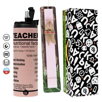 Τα συστατικά του δασκάλου, Πασχαλινή Λαμπάδα με  ΡΟΖ Travel Tumbler θερμό (600ml, BPA free) & κερί αρωματικό πλακέ (30cm) (ΡΟΖ)