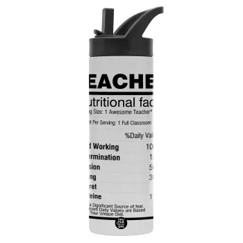 teacher nutritional facts, Metallic thermos bottle with straw & handle, stainless steel (Stainless steel 304), double-walled, 600ml.