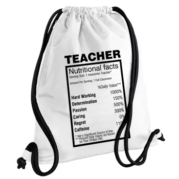 teacher nutritional facts, Backpack pouch GYMBAG white, with pocket (40x48cm) & thick cords