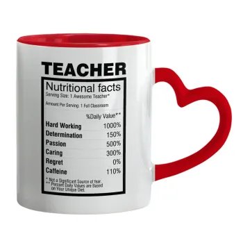 teacher nutritional facts, Mug heart red handle, ceramic, 330ml