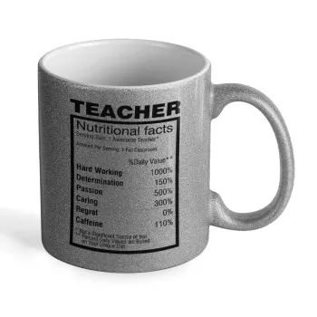 teacher nutritional facts, Κούπα Ασημένια Glitter που γυαλίζει, κεραμική, 330ml
