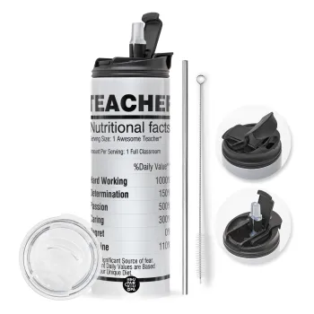 teacher nutritional facts, Travel Tumbler 2 Lids, with metal straw & cleaning brush (Stainless steel 304 Food grade, BPA free, 600ml)