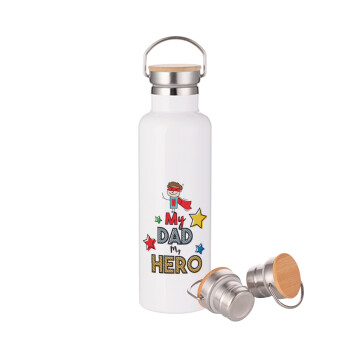 My Dad, my Hero!!!, Stainless steel White with wooden lid (bamboo), double wall, 750ml