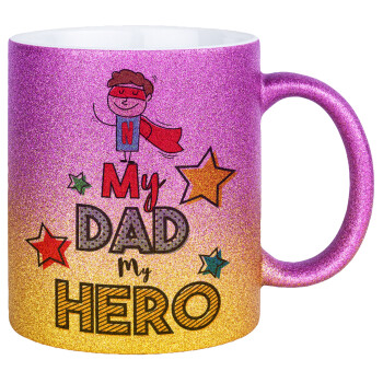 My Dad, my Hero!!!, Κούπα Χρυσή/Ροζ Glitter, κεραμική, 330ml