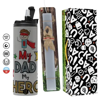 My Dad, my Hero!!!, Πασχαλινή Λαμπάδα με Travel Tumbler θερμό (600ml, BPA free) & κερί αρωματικό πλακέ (30cm) (ΓΚΡΙ)
