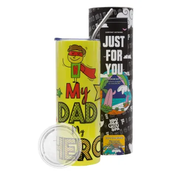 My Dad, my Hero!!!, Neon Yellow Travel Tumbler θερμό, μεταλλικό καλαμάκι(Ανωξείδωτο 304 Food grade, BPA free, 600ml)