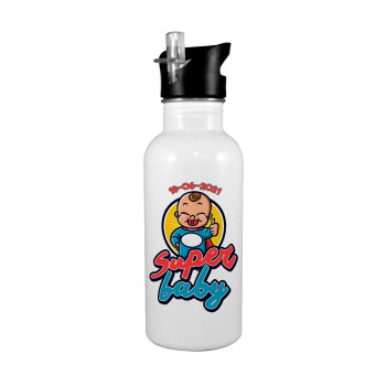 Super baby., White water bottle with straw, stainless steel 600ml
