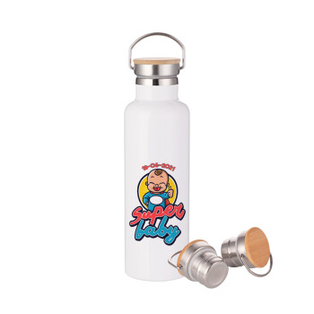Super baby., Μεταλλικό παγούρι θερμός (Stainless steel) Λευκό με ξύλινο καπάκι (bamboo), διπλού τοιχώματος, 750ml
