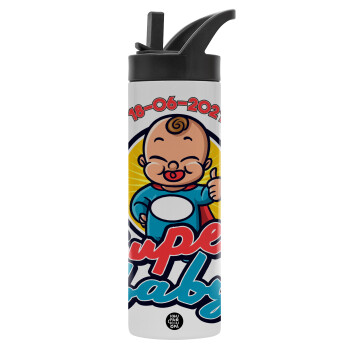 Super baby., Metallic thermos bottle with straw & handle, stainless steel (Stainless steel 304), double-walled, 600ml.