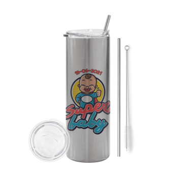Super baby., Tumbler stainless steel Silver 600ml, with metal straw & cleaning brush