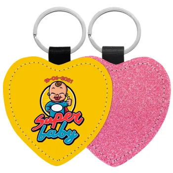 Super baby., Μπρελόκ PU δερμάτινο glitter καρδιά ΡΟΖ