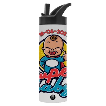 Super baby., Metallic thermos bottle with straw & handle, stainless steel (Stainless steel 304), double-walled, 600ml.