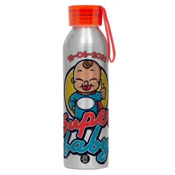 Super baby., Αλουμινένιο Αθλητικό Μπουκάλι 650ml – Ασημί με Κόκκινο Καπάκι και Λουράκι Σιλικόνης