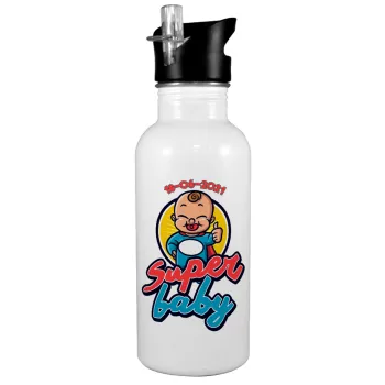Super baby., White water bottle with straw, stainless steel 600ml