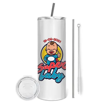Super baby., Tumbler ποτήρι θερμό από ανοξείδωτο ατσάλι 600ml, με μεταλλικό καλαμάκι & βούρτσα καθαρισμού