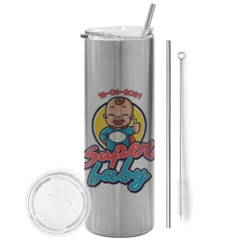 Super baby., Tumbler ποτήρι θερμό Ασημένιο από ανοξείδωτο ατσάλι 600ml, με μεταλλικό καλαμάκι & βούρτσα καθαρισμού