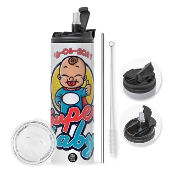 Super baby., Travel Tumbler θερμό με διπλό καπάκι, μεταλλικό καλαμάκι και βούρτσα καθαρισμού (Ανωξείδωτο 304 Food grade, BPA free, 600ml)
