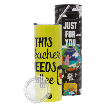 Τhis teacher needs coffee, Neon Yellow Travel Tumbler, with metal straw (Stainless steel 304 Food grade, BPA free, 600ml)