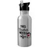 Water bottle Silver with straw, stainless steel 600ml
