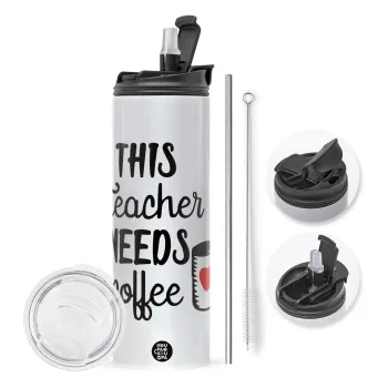 Τhis teacher needs coffee, Travel Tumbler θερμό με διπλό καπάκι, μεταλλικό καλαμάκι και βούρτσα καθαρισμού (Ανωξείδωτο 304 Food grade, BPA free, 600ml)