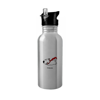 Flying DOG, Water bottle Silver with straw, stainless steel 600ml