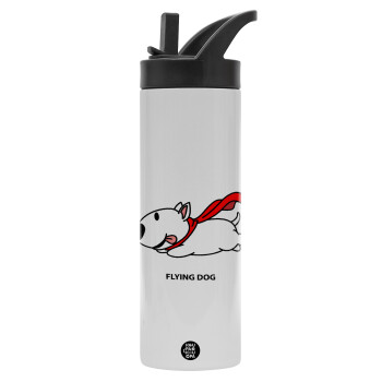 Flying DOG, Metallic thermos bottle with straw & handle, stainless steel (Stainless steel 304), double-walled, 600ml.
