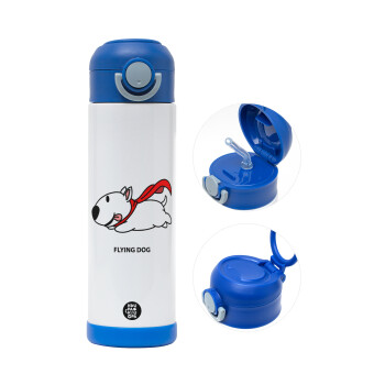 Flying DOG, Children's hot water bottle, stainless steel, with safety straw, BLUE (500ml)