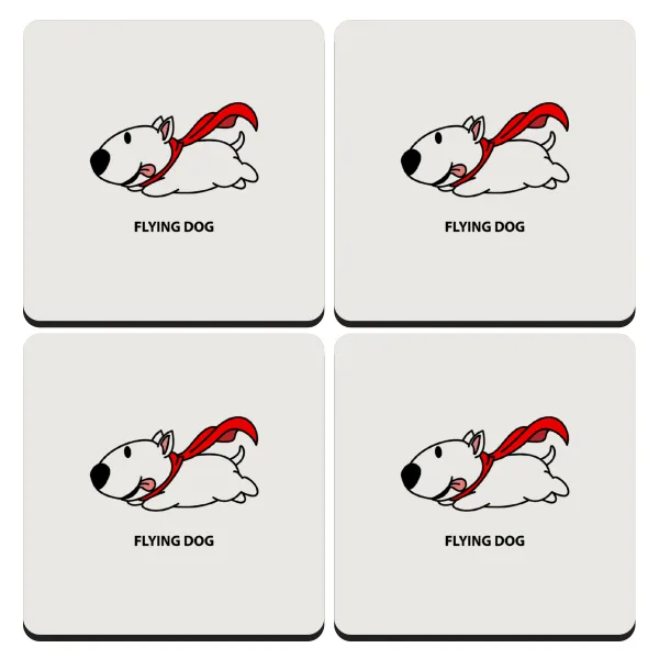 Flying DOG — Set of 4 square wooden coasters (9cm)