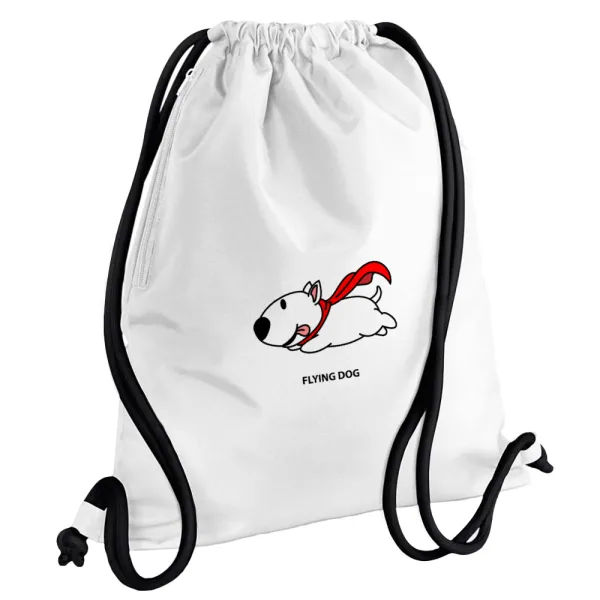 Flying DOG — Τσάντα πλάτης πουγκί GYMBAG λευκή, με τσέπη (40x48cm) & χονδρά κορδόνια