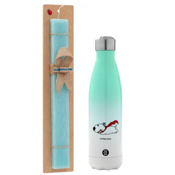 Flying DOG, Easter Set, Metallic green/white thermos (Stainless steel), double-walled, 500ml & scented flat Easter candle (30cm) (TURQUOISE)