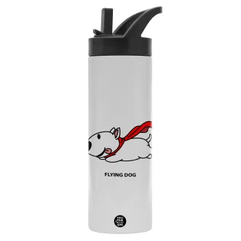 Flying DOG, Metallic thermos bottle with straw & handle, stainless steel (Stainless steel 304), double-walled, 600ml.