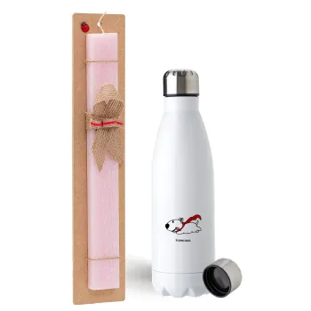 Flying DOG, Easter Set, metallic stainless steel water bottle (750ml) & scented flat Easter candle (30cm) (PINK)