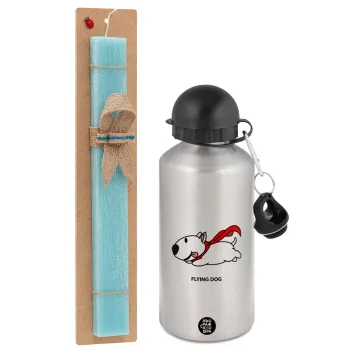 Flying DOG, Easter Set, metallic silver aluminum water bottle (500ml) & scented flat Easter candle (30cm) (TURQUOISE)