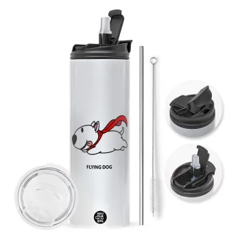 Flying DOG, Travel Tumbler θερμό με διπλό καπάκι, μεταλλικό καλαμάκι και βούρτσα καθαρισμού (Ανωξείδωτο 304 Food grade, BPA free, 600ml)