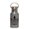 Stainless steel metallic thermos flask, silver with a bamboo lid, double-walled, 350ml.