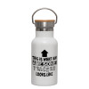 Metallic thermos (Stainless steel) White with wooden lid (bamboo), double-walled, 350ml