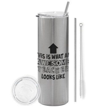This is what an awesome teacher looks like!!! , Eco friendly stainless steel Silver tumbler 600ml, with metal straw & cleaning brush
