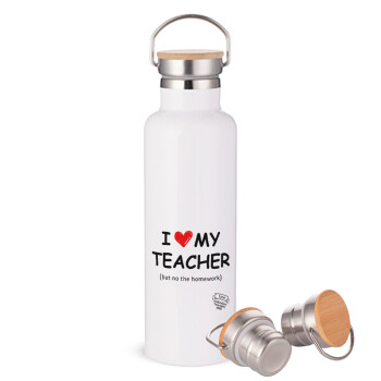 i love my teacher but no the homework, Stainless steel White with wooden lid (bamboo), double wall, 750ml
