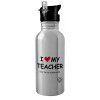 Water bottle Silver with straw, stainless steel 600ml