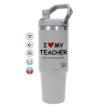 i love my teacher but no the homework, ΓΚΡΙ χρώματος Θερμός Ανοξείδωτο 890ml (30oz) με χερούλι