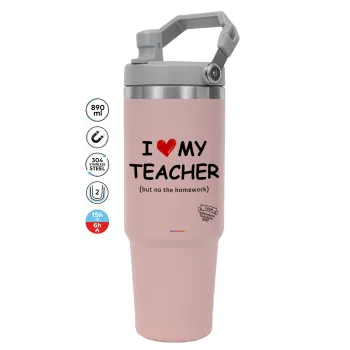i love my teacher but no the homework, Pink color, 890ml (30oz) stainless Steel Tumbler with Handle