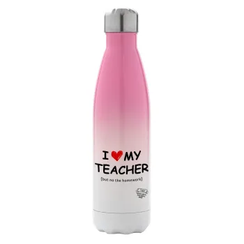 i love my teacher but no the homework, Μεταλλικό παγούρι θερμός Ροζ/Λευκό (Stainless steel), διπλού τοιχώματος, 500ml