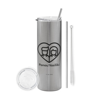 Couple, Eco friendly stainless steel Silver tumbler 600ml, with metal straw & cleaning brush