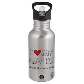 i love my teacher but no the homework outline, Water bottle Silver with straw, stainless steel 500ml