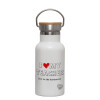 Metallic thermos (Stainless steel) White with wooden lid (bamboo), double-walled, 350ml