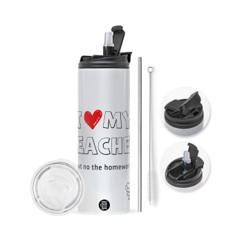 i love my teacher but no the homework outline, Travel Tumbler 2 Lids, with metal straw & cleaning brush (Stainless steel 304 Food grade, BPA free, 600ml)