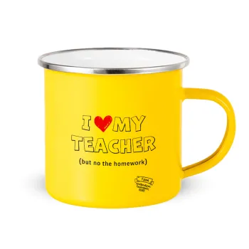 i love my teacher but no the homework outline, Κούπα Μεταλλική εμαγιέ Κίτρινη 360ml
