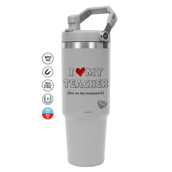 i love my teacher but no the homework outline, ΓΚΡΙ χρώματος Θερμός Ανοξείδωτο 890ml (30oz) με χερούλι