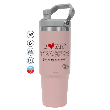 i love my teacher but no the homework outline, ΡΟΖ χρώματος Θερμός Ανοξείδωτο 890ml (30oz) με χερούλι