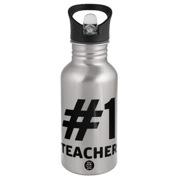 #1 teacher, Water bottle Silver with straw, stainless steel 500ml